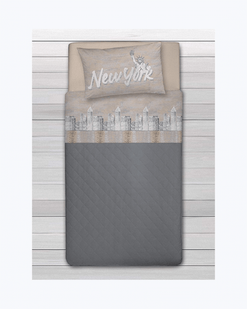 Set Lenzuola Letto in Cotone Made in Italy - Completo Letto Stampa New York Beige E Grigio